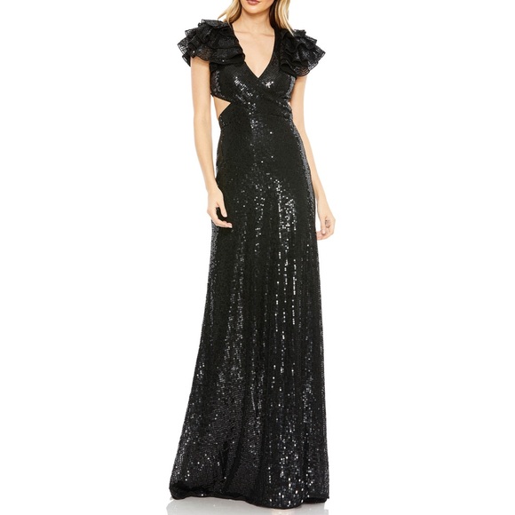 MAC DUGGAL Ruffle Flutter Sleeve Sequin Lace Up Gown 10829